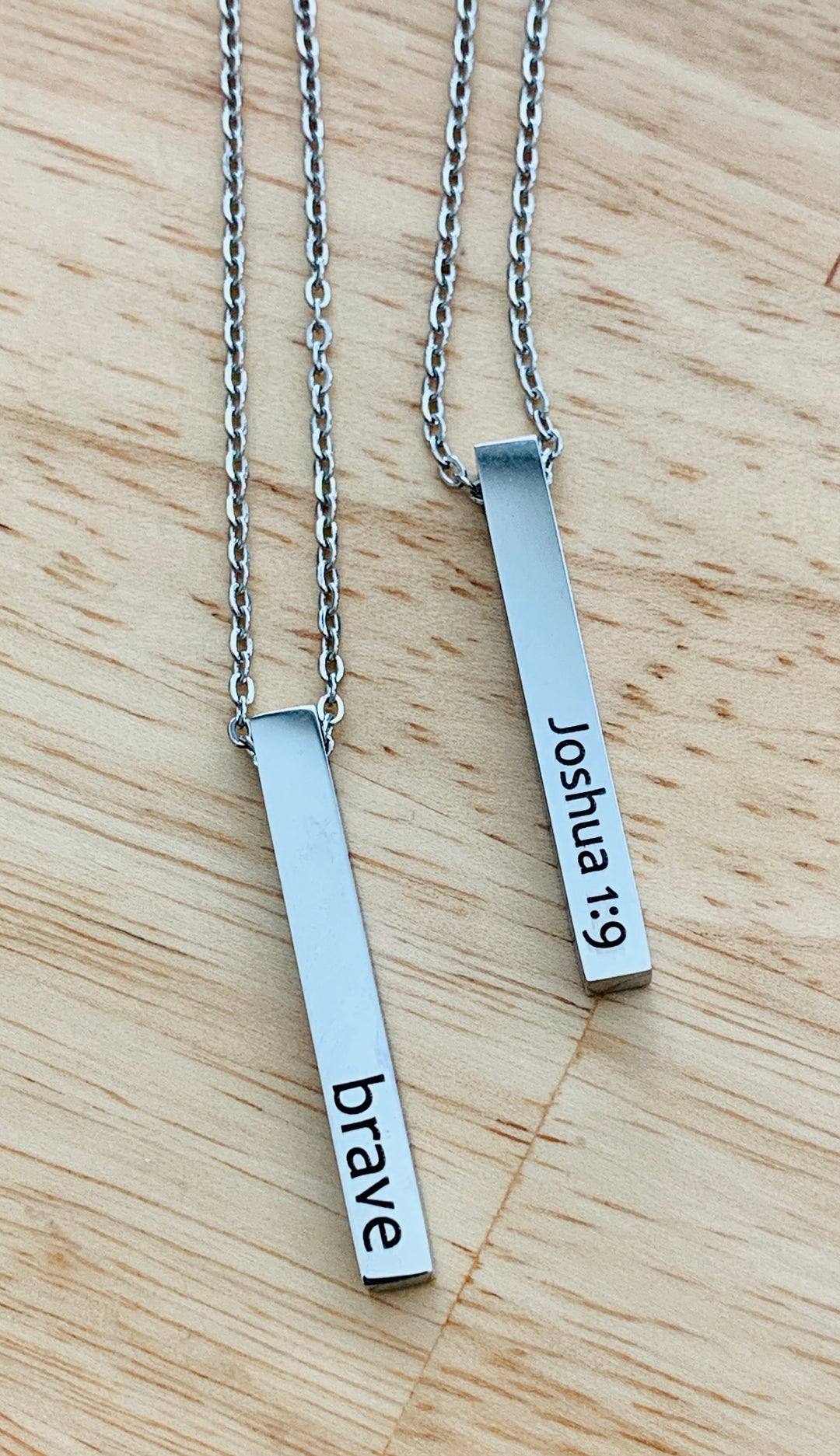 Brave - Joshua 1:9 - 2-Sided Vertical Bar Stainless Steel Necklace