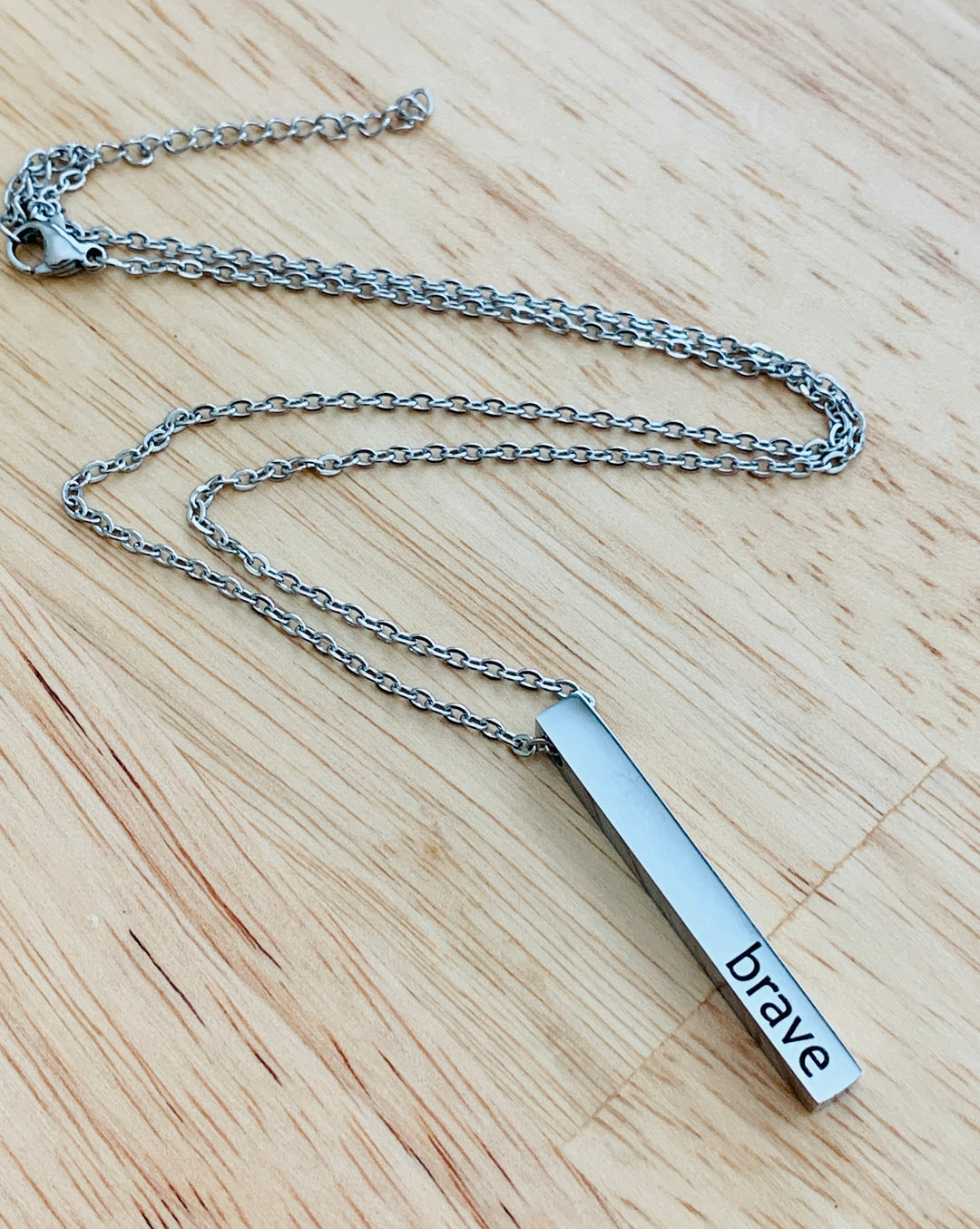 Brave - Joshua 1:9 - 2-Sided Vertical Bar Stainless Steel Necklace