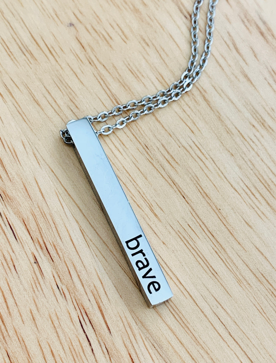 Brave - Joshua 1:9 - 2-Sided Vertical Bar Stainless Steel Necklace