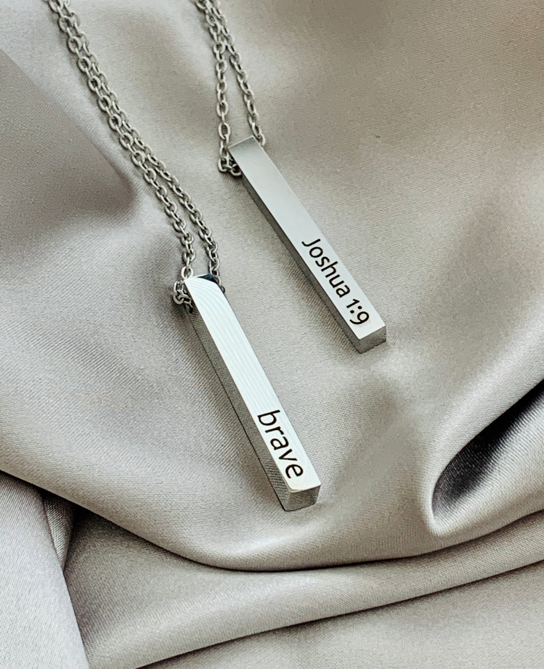 Brave - Joshua 1:9 - 2-Sided Vertical Bar Stainless Steel Necklace