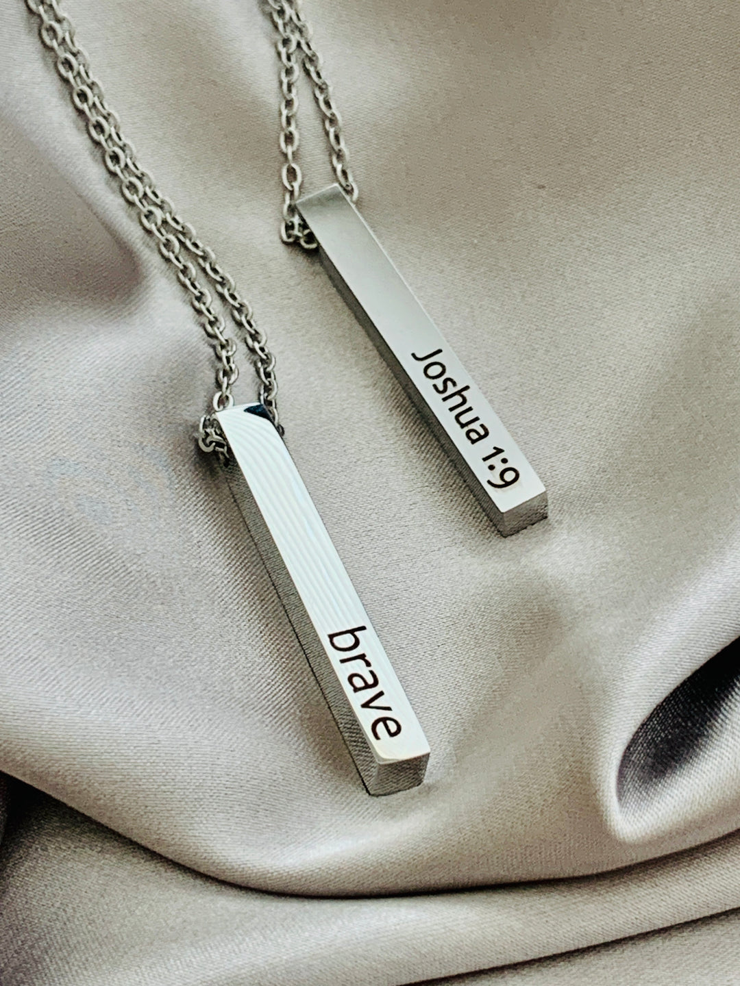 Brave - Joshua 1:9 - 2-Sided Vertical Bar Stainless Steel Necklace