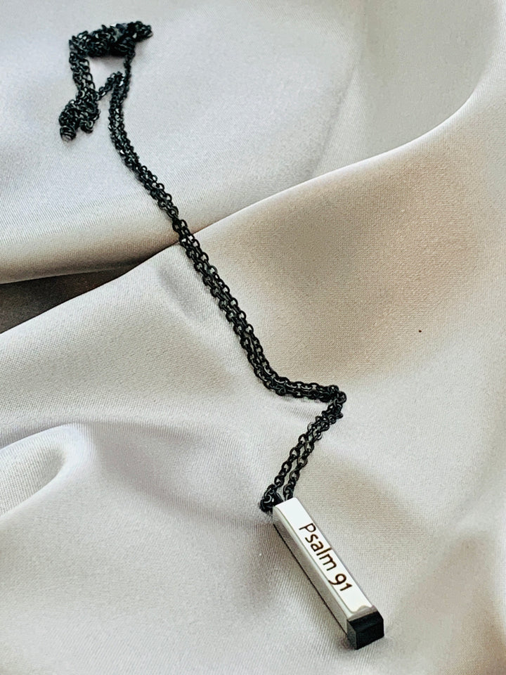 Psalm 91 - Protected In The Secret Place - Hidden Message Vertical Bar Stainless Steel Necklace