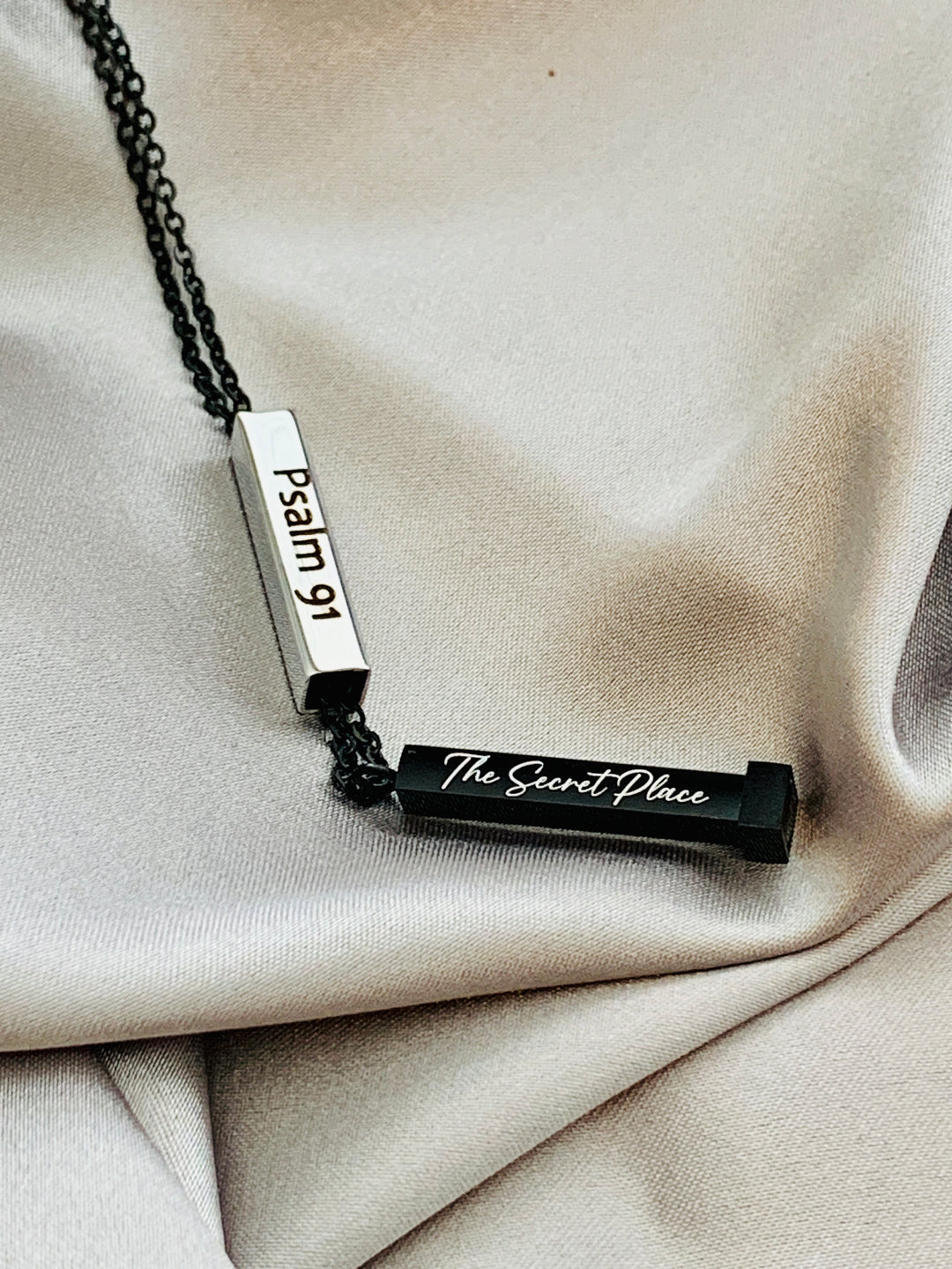 Psalm 91 - Protected In The Secret Place - Hidden Message Vertical Bar Stainless Steel Necklace