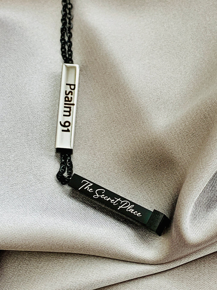 Psalm 91 - Protected In The Secret Place - Hidden Message Vertical Bar Stainless Steel Necklace