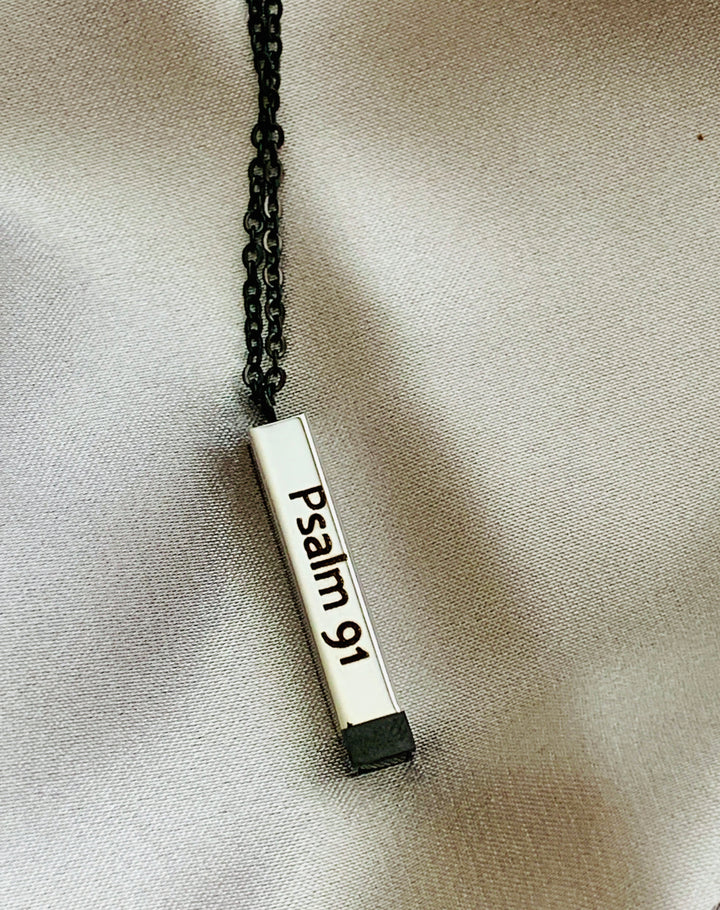 Psalm 91 - Protected In The Secret Place - Hidden Message Vertical Bar Stainless Steel Necklace