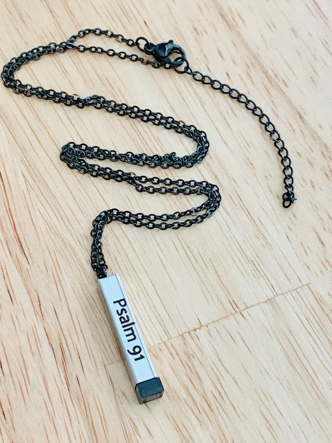 Psalm 91 - Protected In The Secret Place - Hidden Message Vertical Bar Stainless Steel Necklace