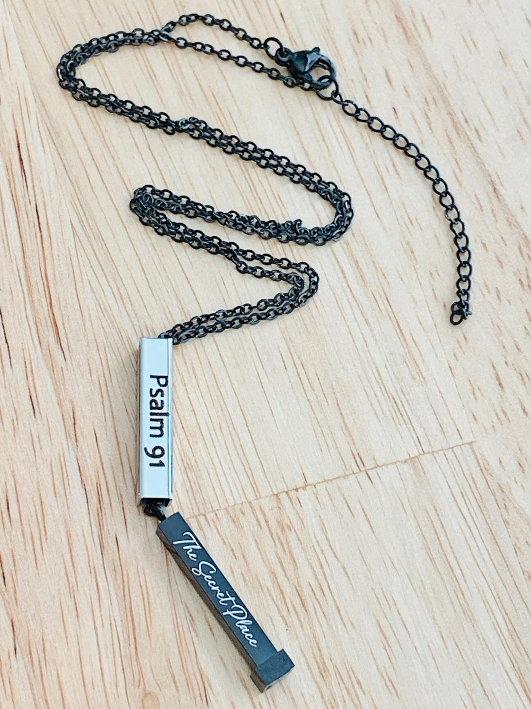 Psalm 91 - Protected In The Secret Place - Hidden Message Vertical Bar Stainless Steel Necklace