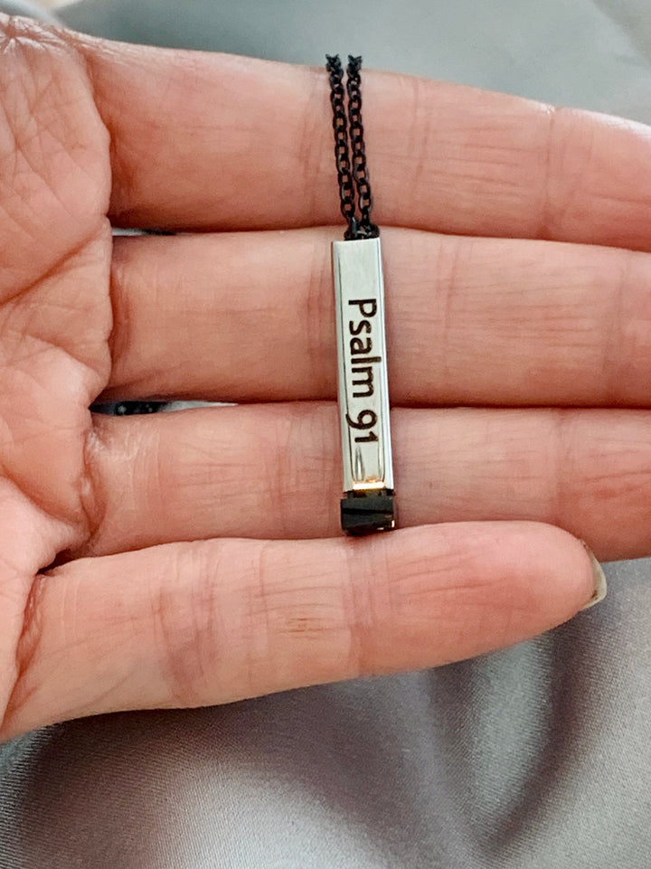 Psalm 91 - Protected In The Secret Place - Hidden Message Vertical Bar Stainless Steel Necklace