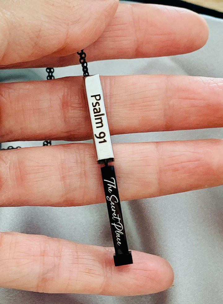 Psalm 91 - Protected In The Secret Place - Hidden Message Vertical Bar Stainless Steel Necklace