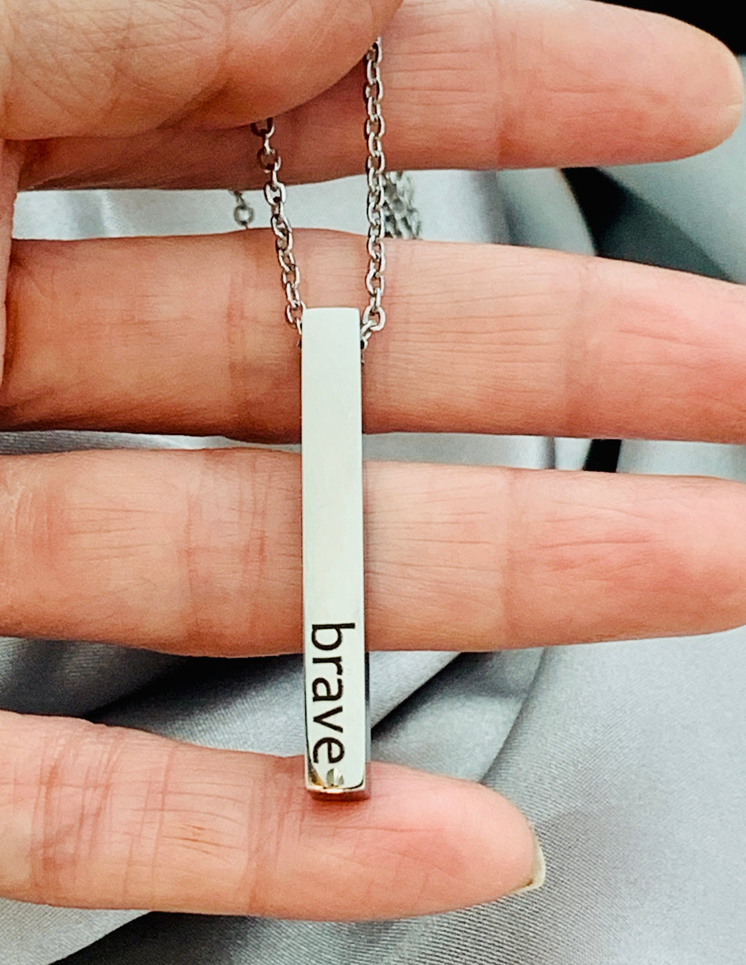 Brave - Joshua 1:9 - 2-Sided Vertical Bar Stainless Steel Necklace