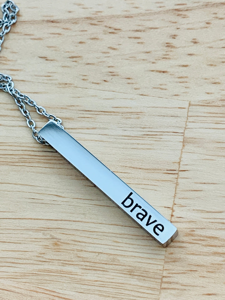 Brave - Joshua 1:9 - 2-Sided Vertical Bar Stainless Steel Necklace