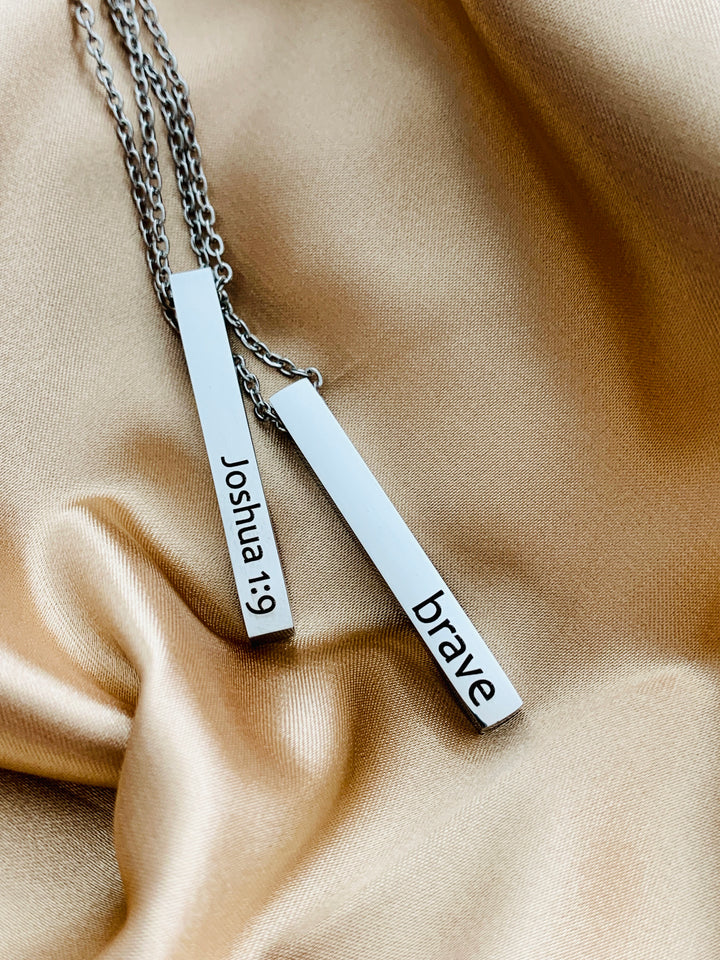 Brave - Joshua 1:9 - 2-Sided Vertical Bar Stainless Steel Necklace