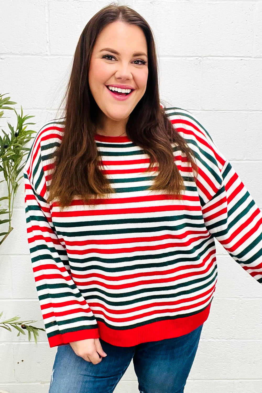 Red & Green Striped Oversized Knit Sweater