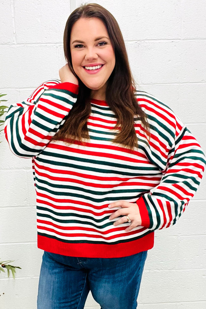 Red & Green Striped Oversized Knit Sweater