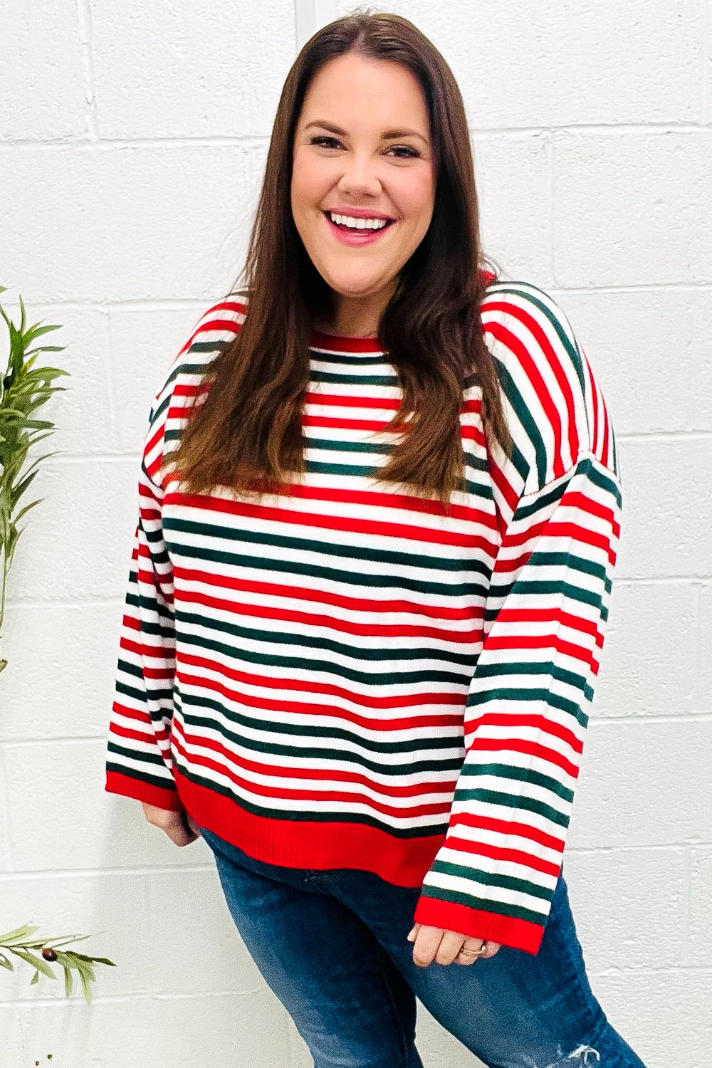 Red & Green Striped Oversized Knit Sweater