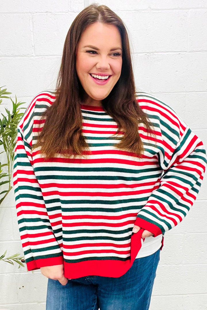 Red & Green Striped Oversized Knit Sweater