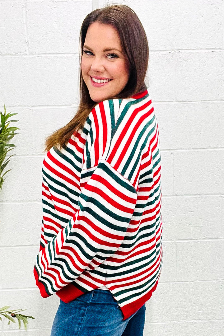 Red & Green Striped Oversized Knit Sweater