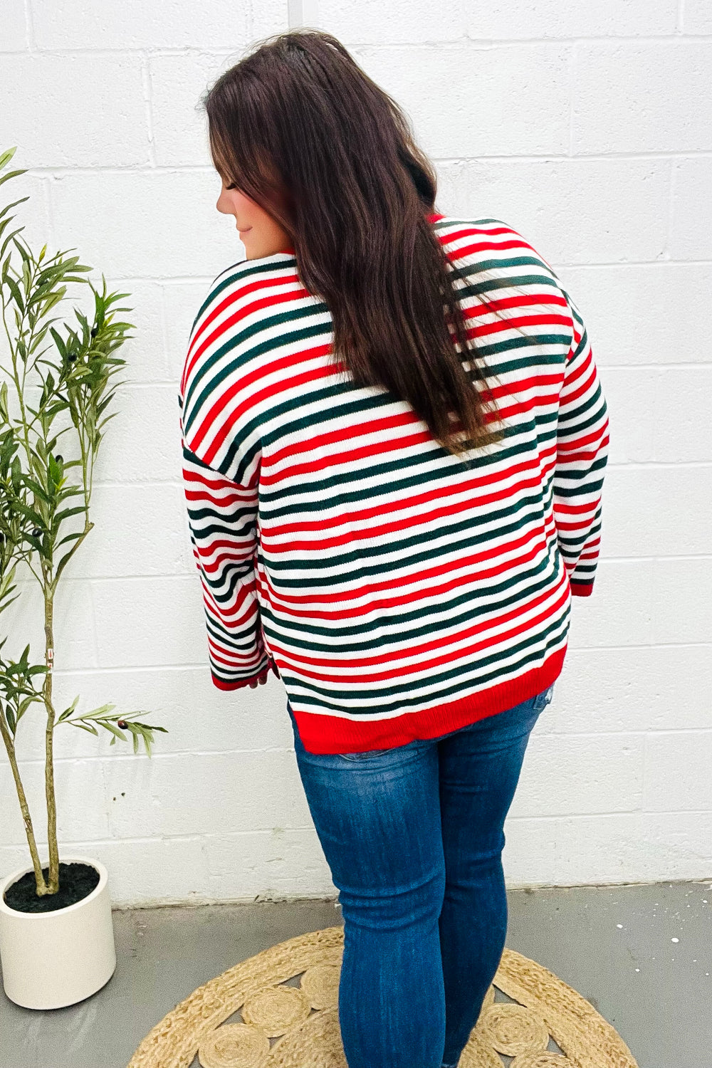 Red & Green Striped Oversized Knit Sweater