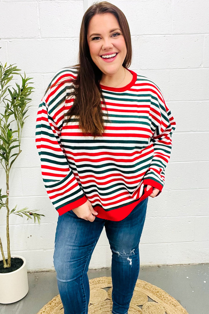 Red & Green Striped Oversized Knit Sweater