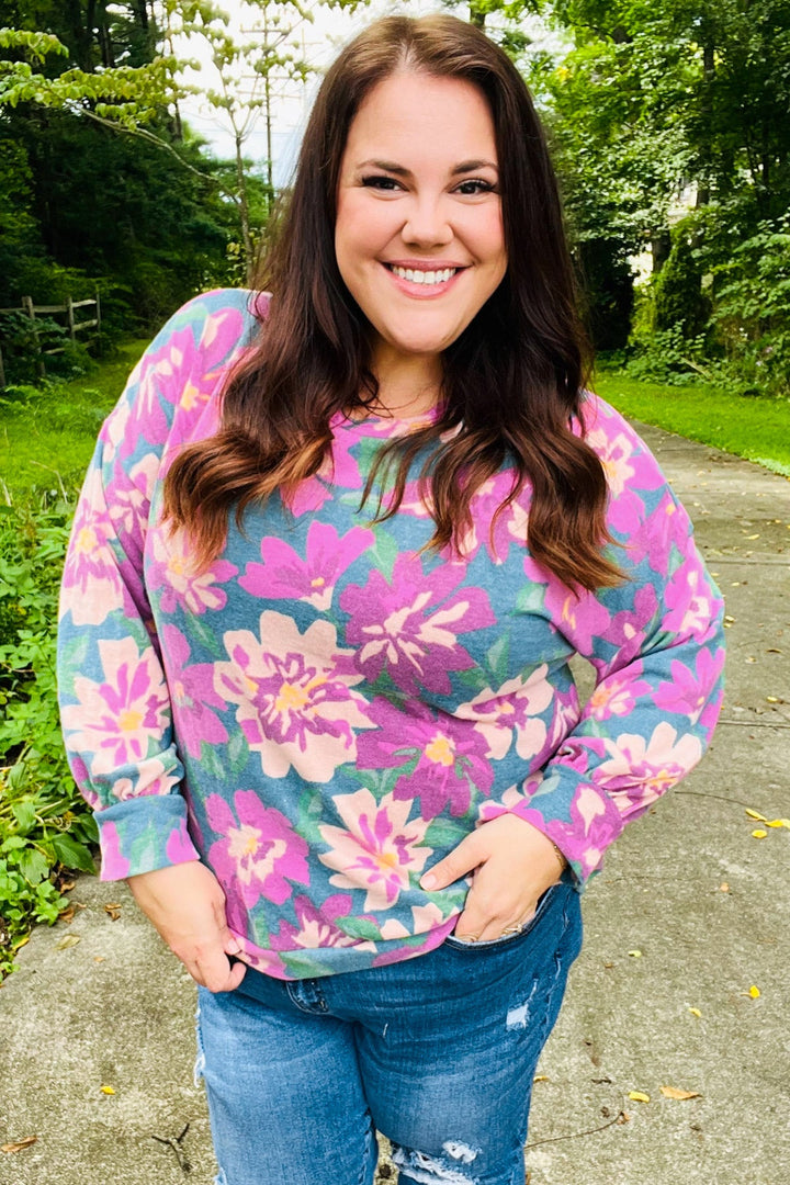 Boldly You - Soft Floral Sweater Top - Teal