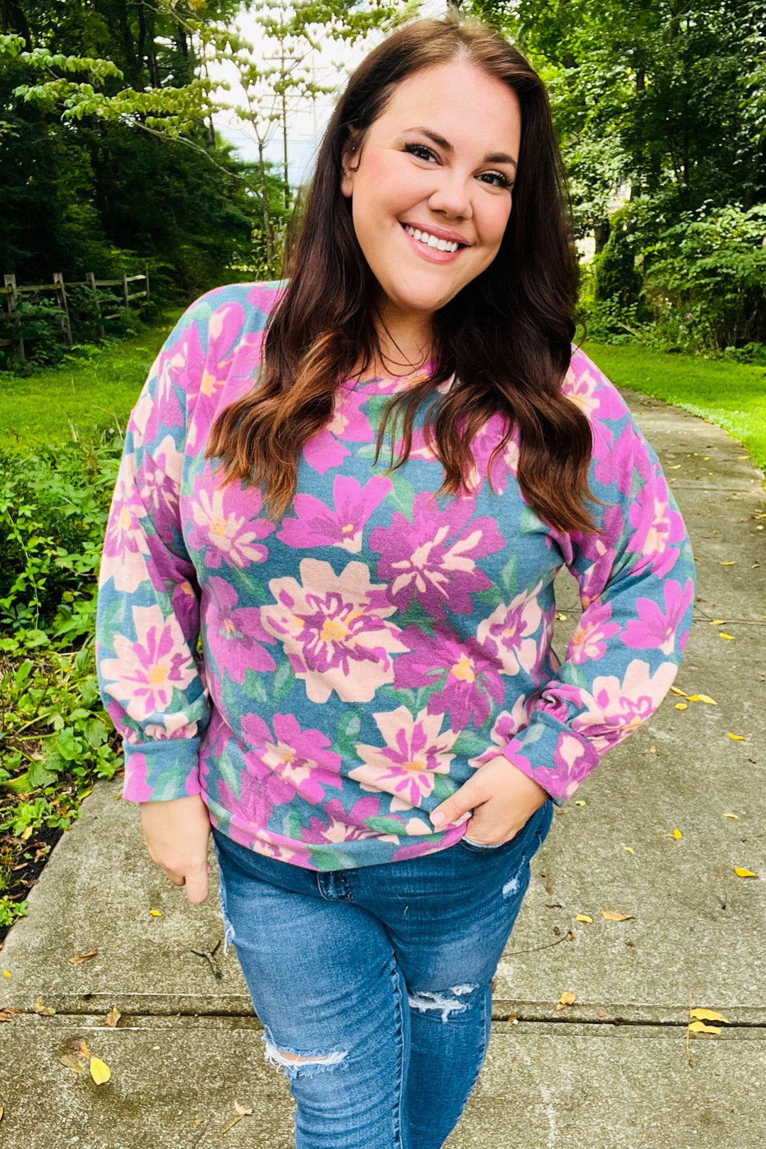 Boldly You - Soft Floral Sweater Top - Teal