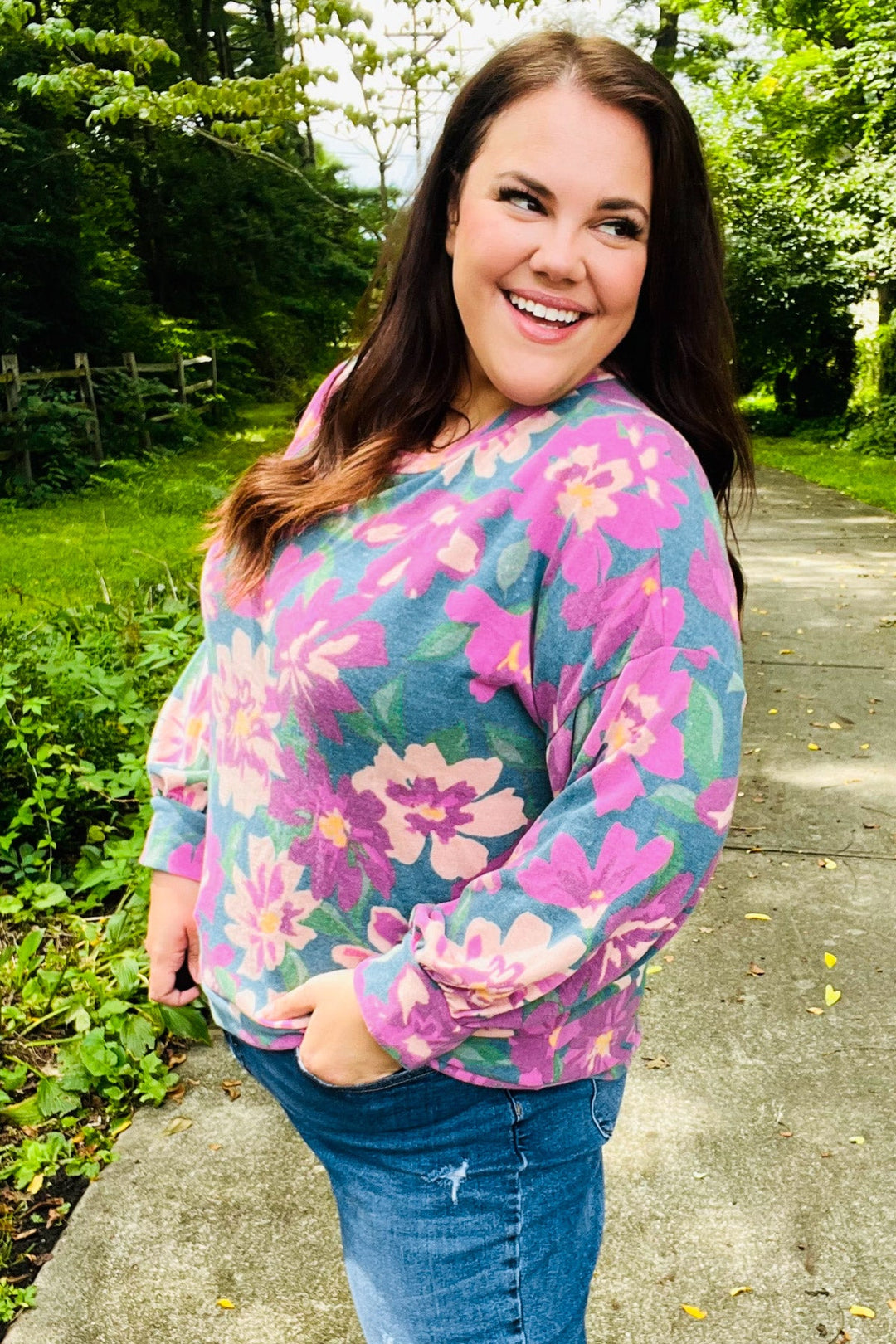 Boldly You - Soft Floral Sweater Top - Teal