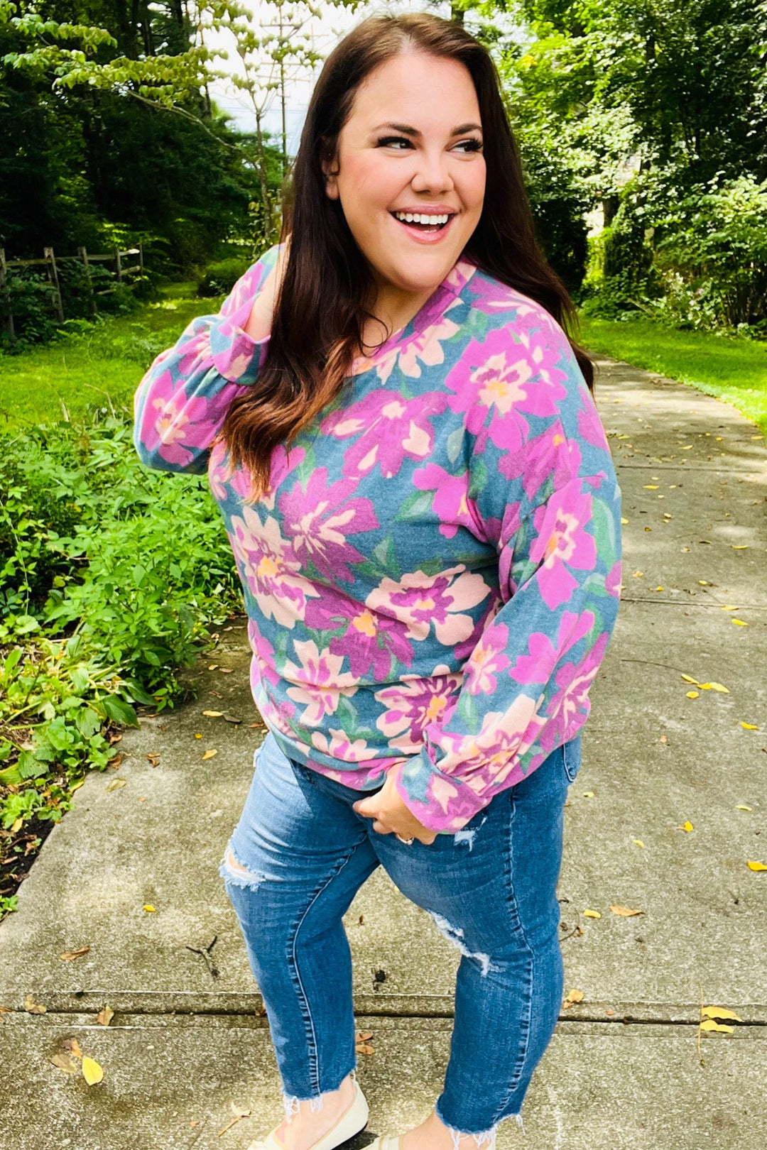 Boldly You - Soft Floral Sweater Top - Teal