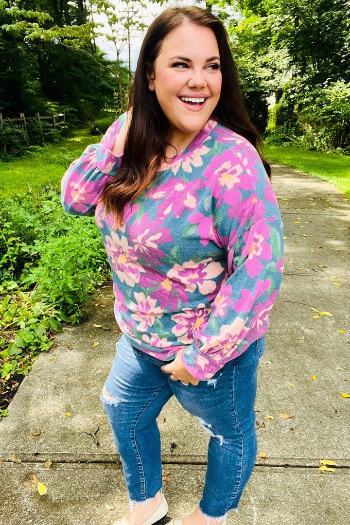 Boldly You - Soft Floral Sweater Top - Teal