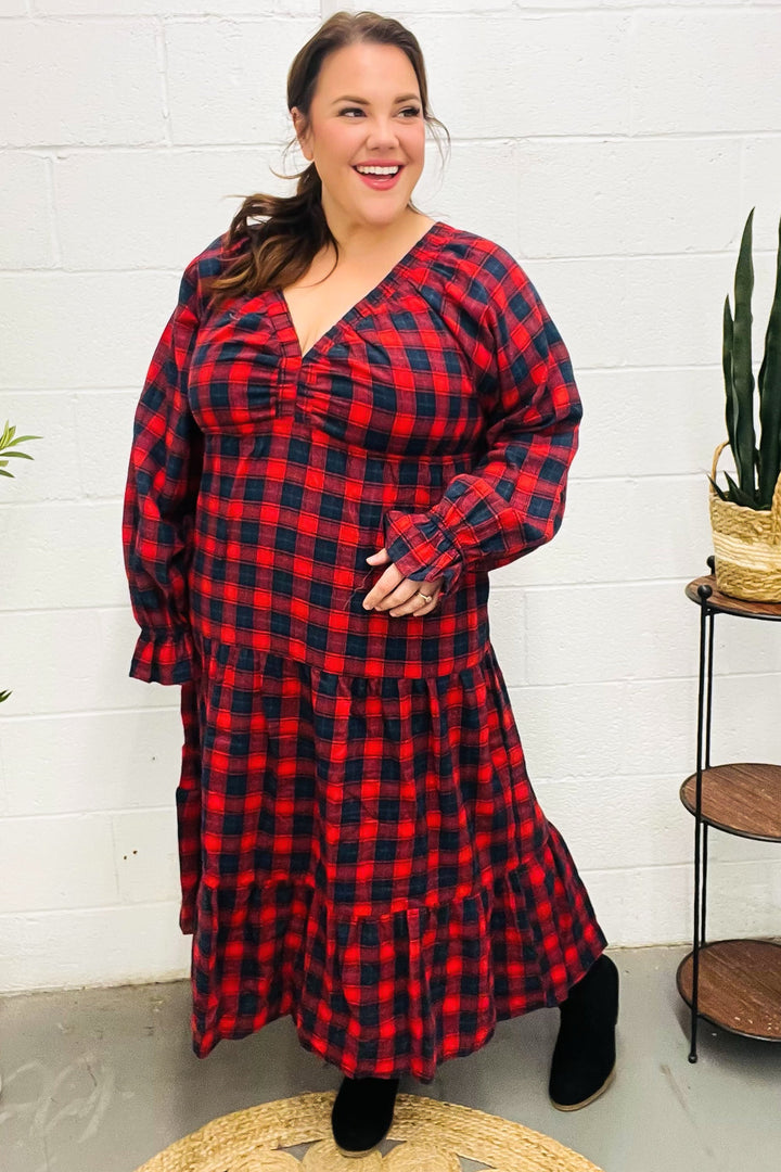 Plaid Tiered Maxi Dress - Red