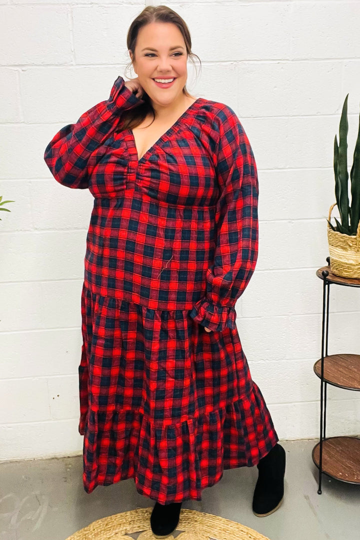 Plaid Tiered Maxi Dress - Red