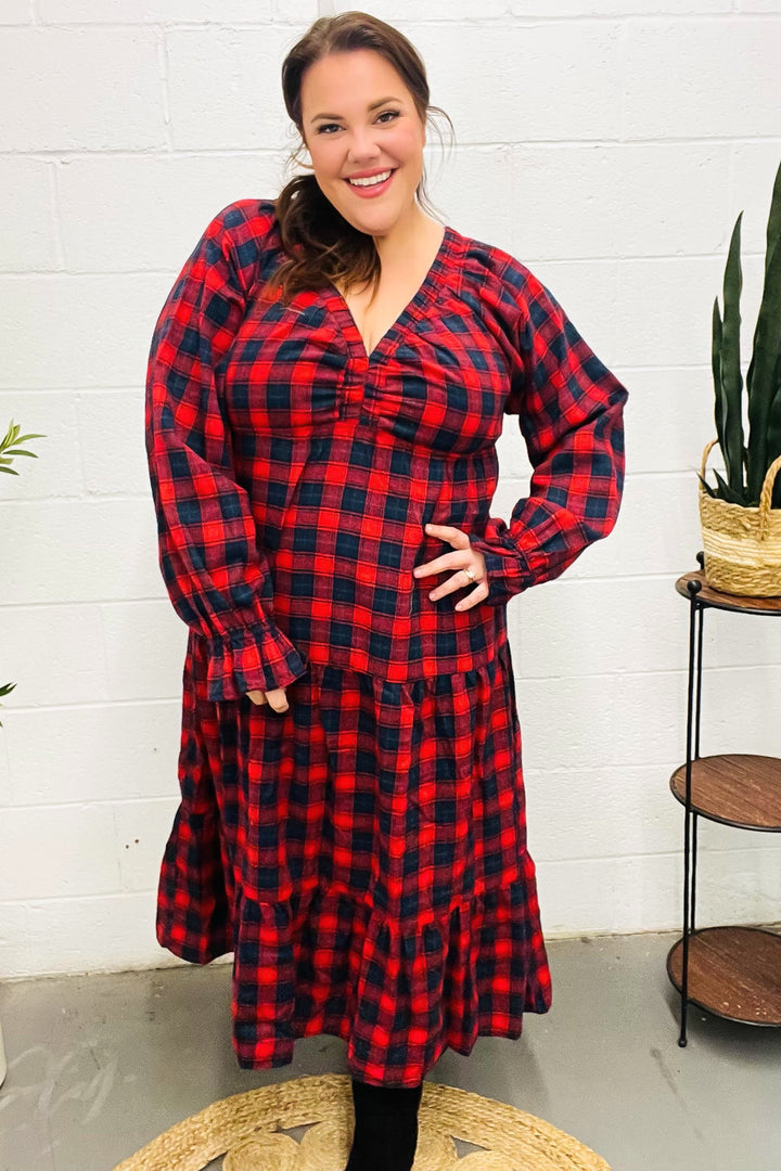 Plaid Tiered Maxi Dress - Red