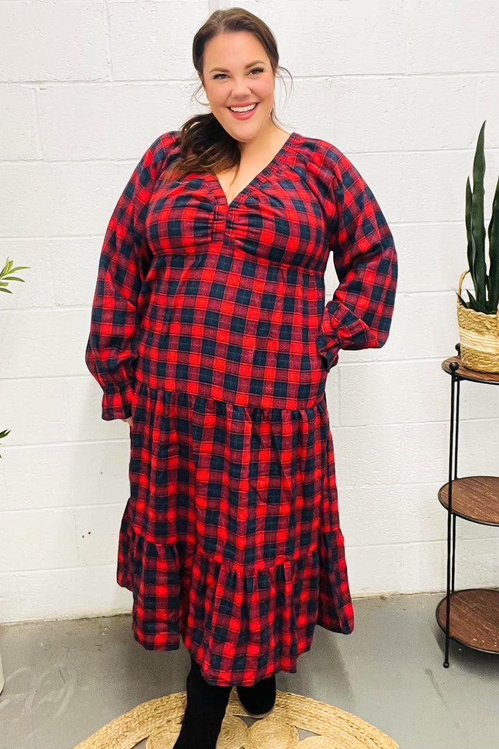 Plaid Tiered Maxi Dress - Red