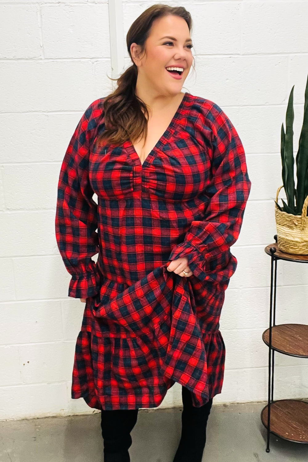 Plaid Tiered Maxi Dress - Red