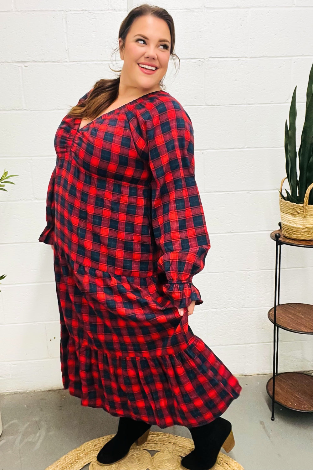 Plaid Tiered Maxi Dress - Red