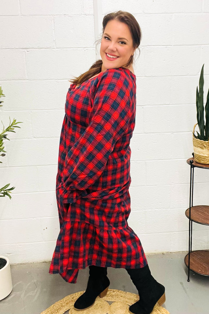 Plaid Tiered Maxi Dress - Red