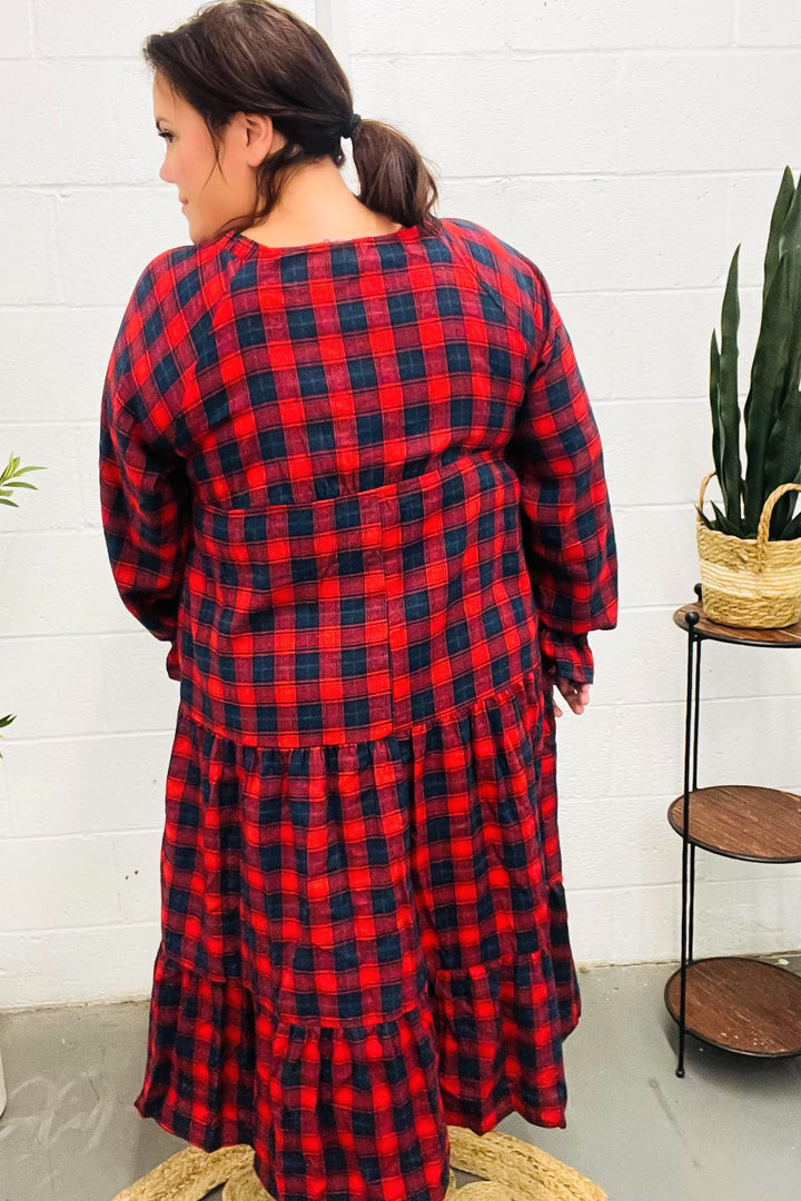 Plaid Tiered Maxi Dress - Red