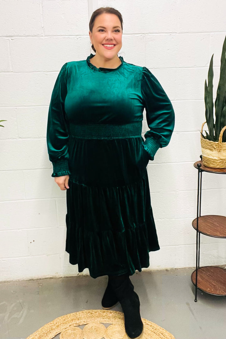 Velvet Smocked-Waist Dress - Hunter Green