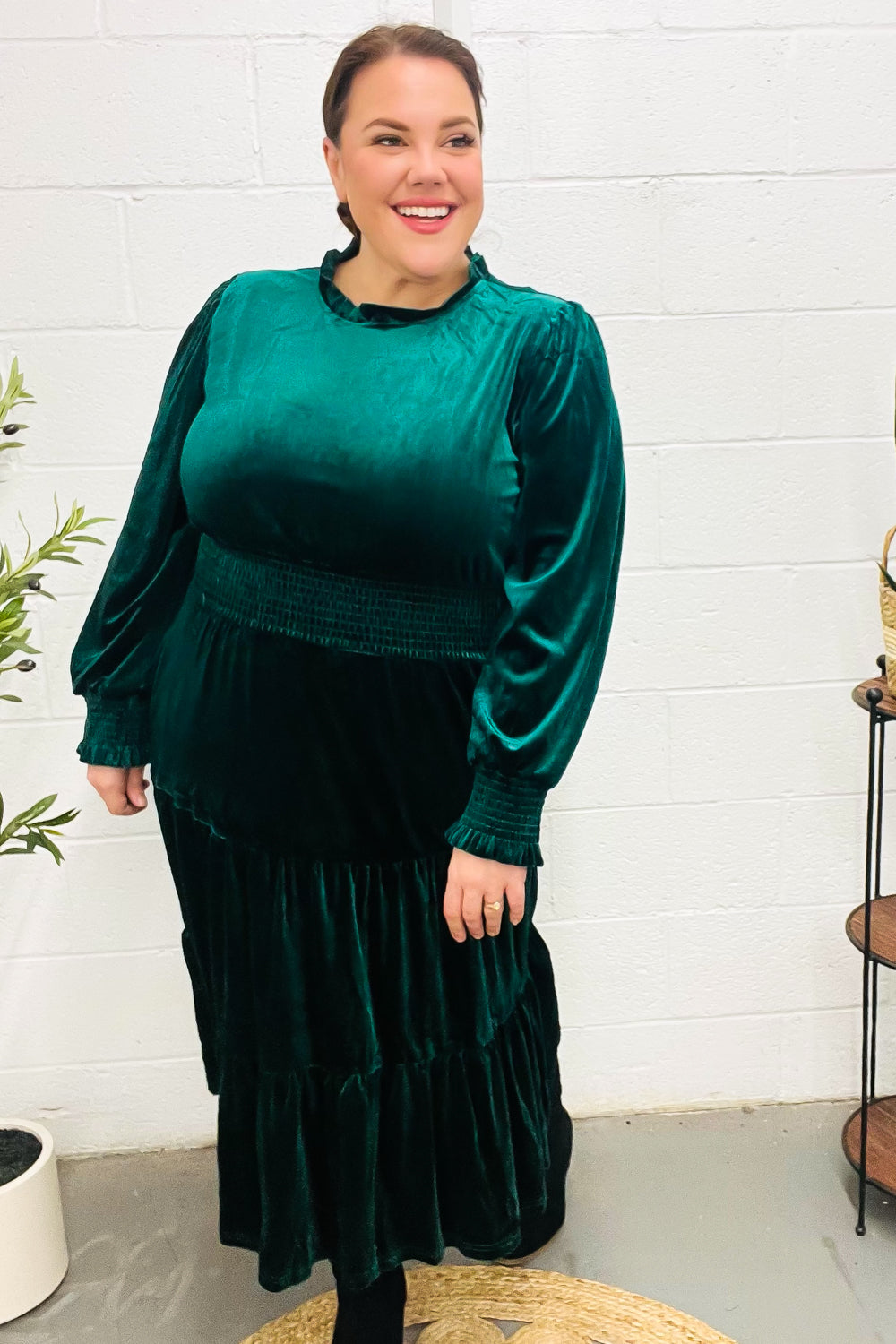 Velvet Smocked-Waist Dress - Hunter Green