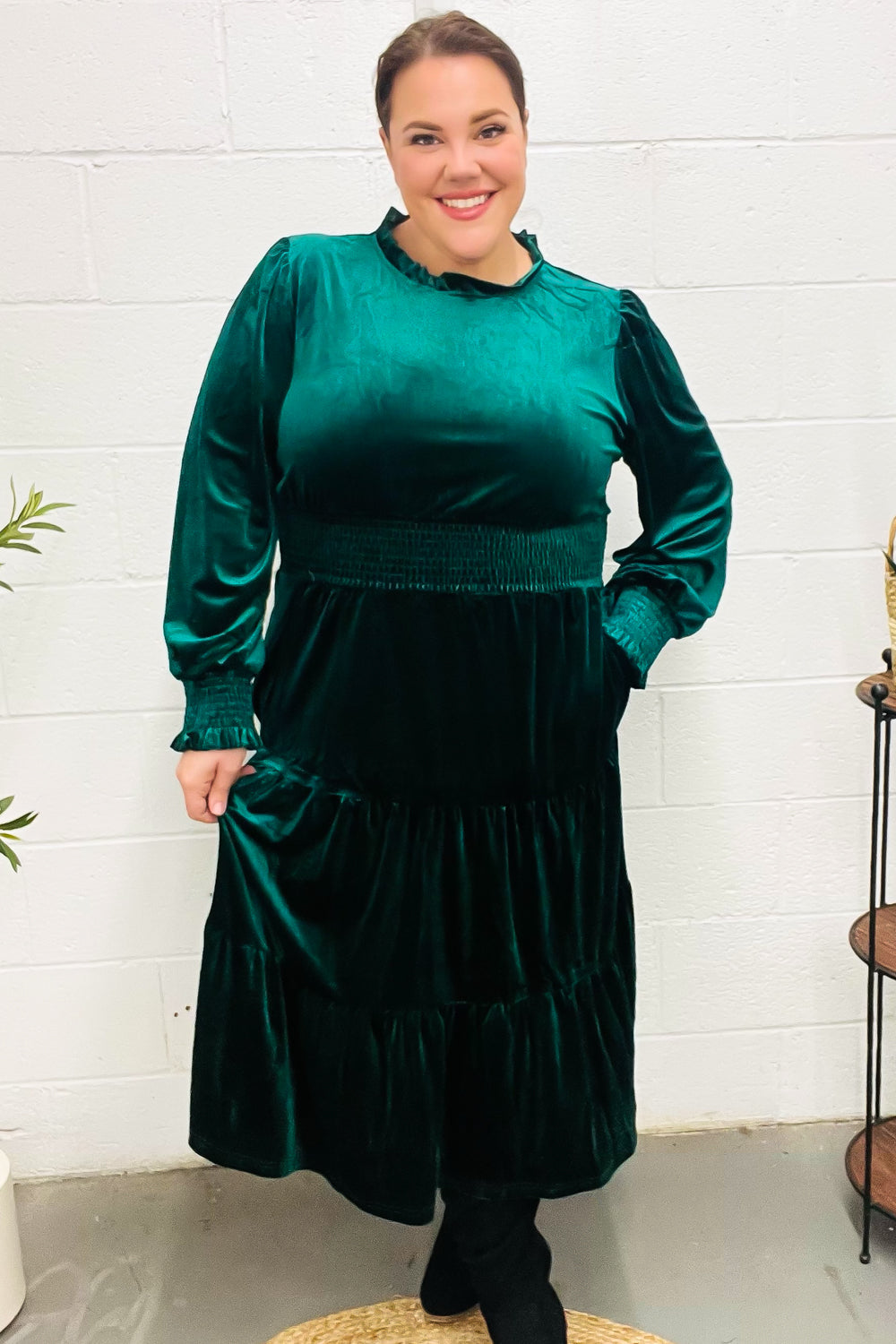 Velvet Smocked-Waist Dress - Hunter Green