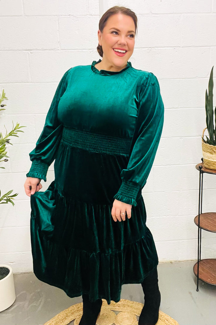 Velvet Smocked-Waist Dress - Hunter Green