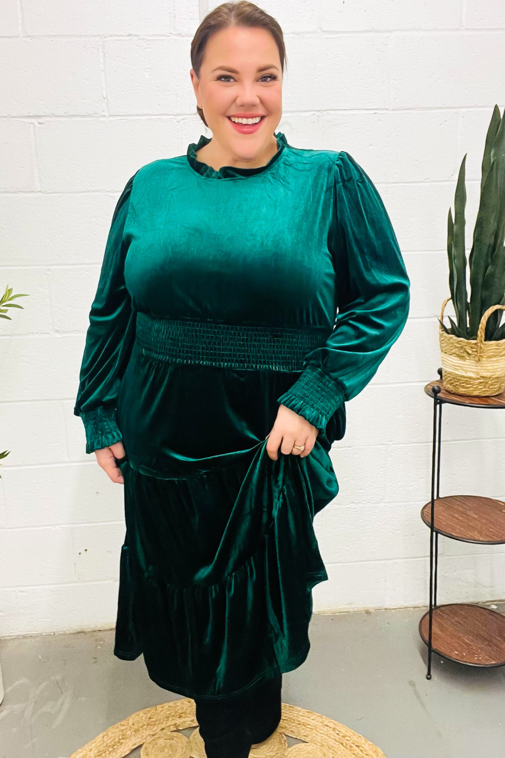 Velvet Smocked-Waist Dress - Hunter Green