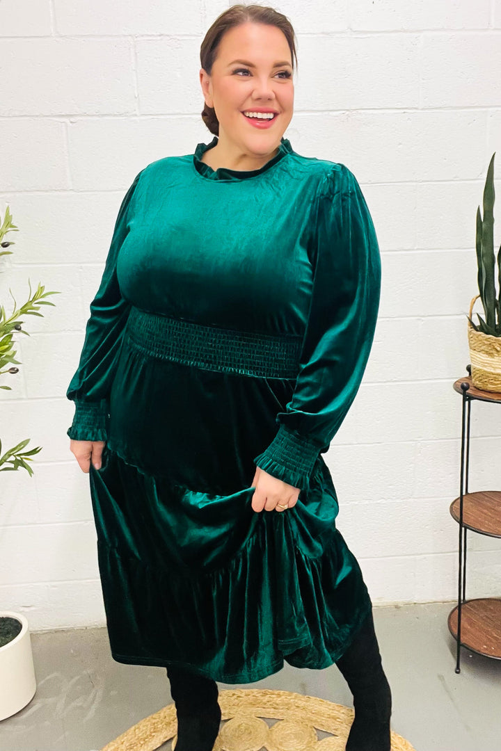 Velvet Smocked-Waist Dress - Hunter Green