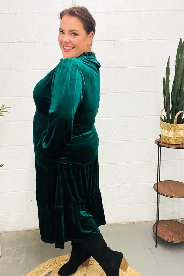 Velvet Smocked-Waist Dress - Hunter Green