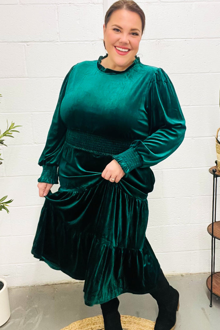 Velvet Smocked-Waist Dress - Hunter Green