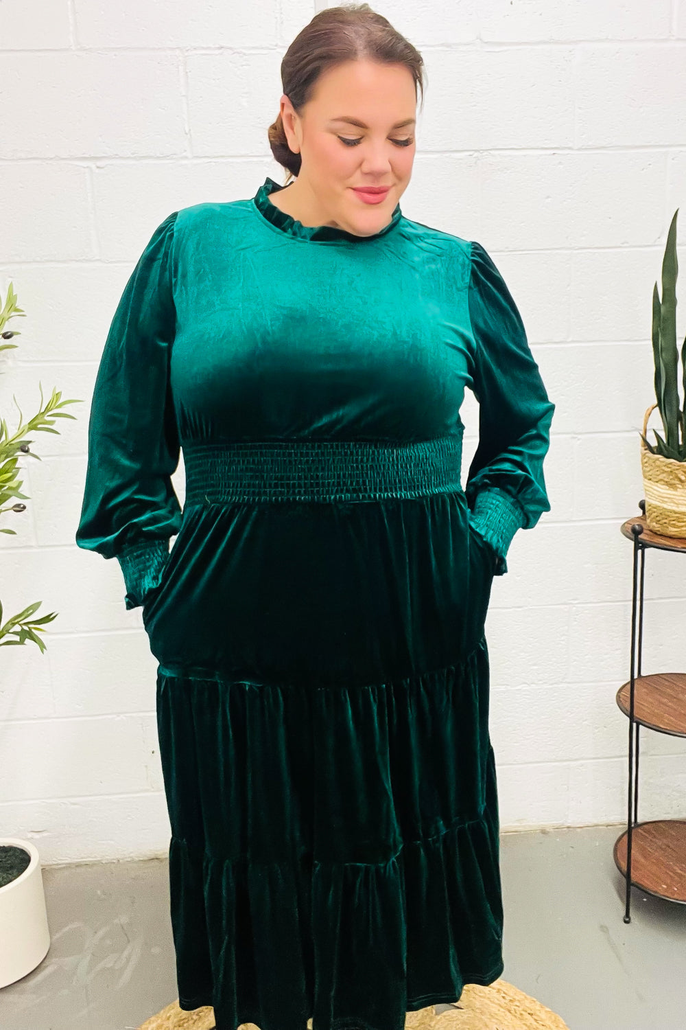 Velvet Smocked-Waist Dress - Hunter Green