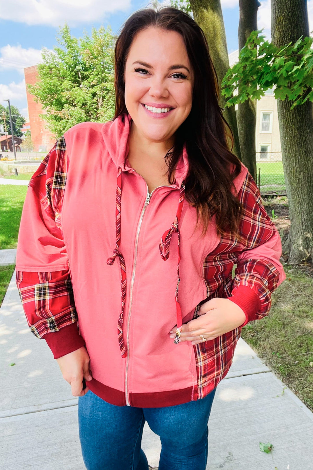 Loved And Adored - Plaid French Terry Hoodie Jacket