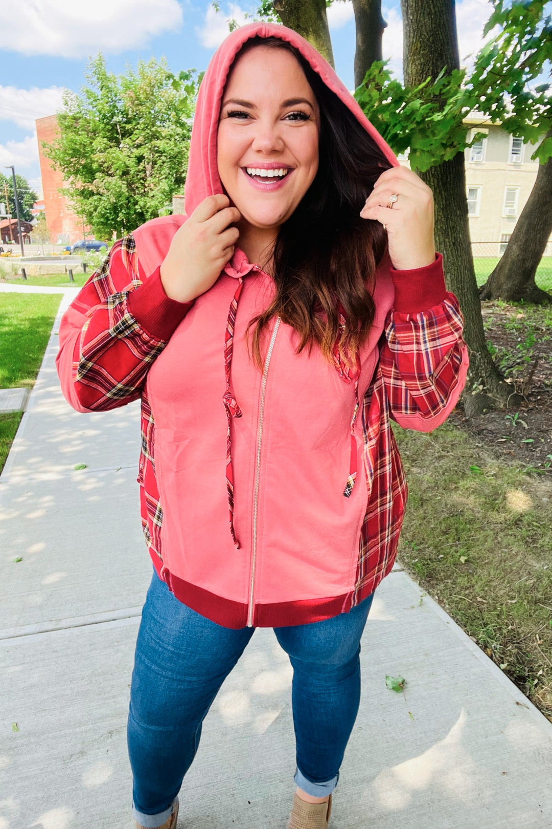 Loved And Adored - Plaid French Terry Hoodie Jacket