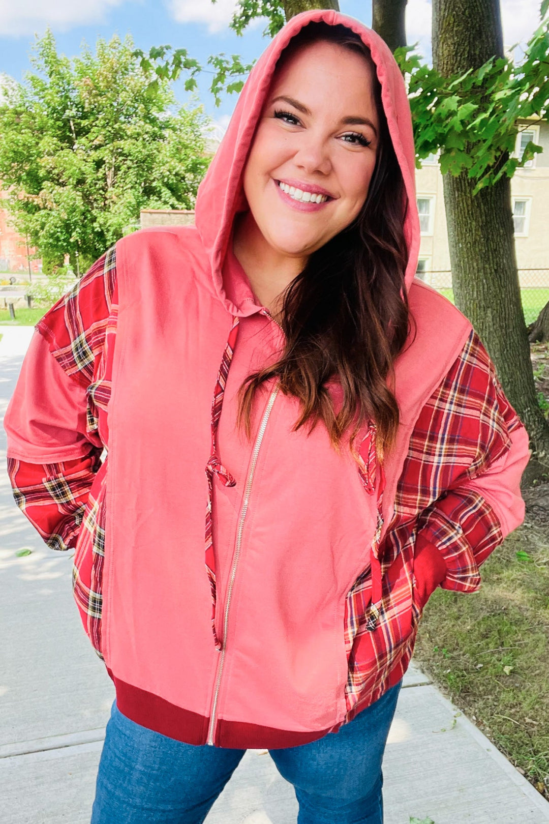 Loved And Adored - Plaid French Terry Hoodie Jacket