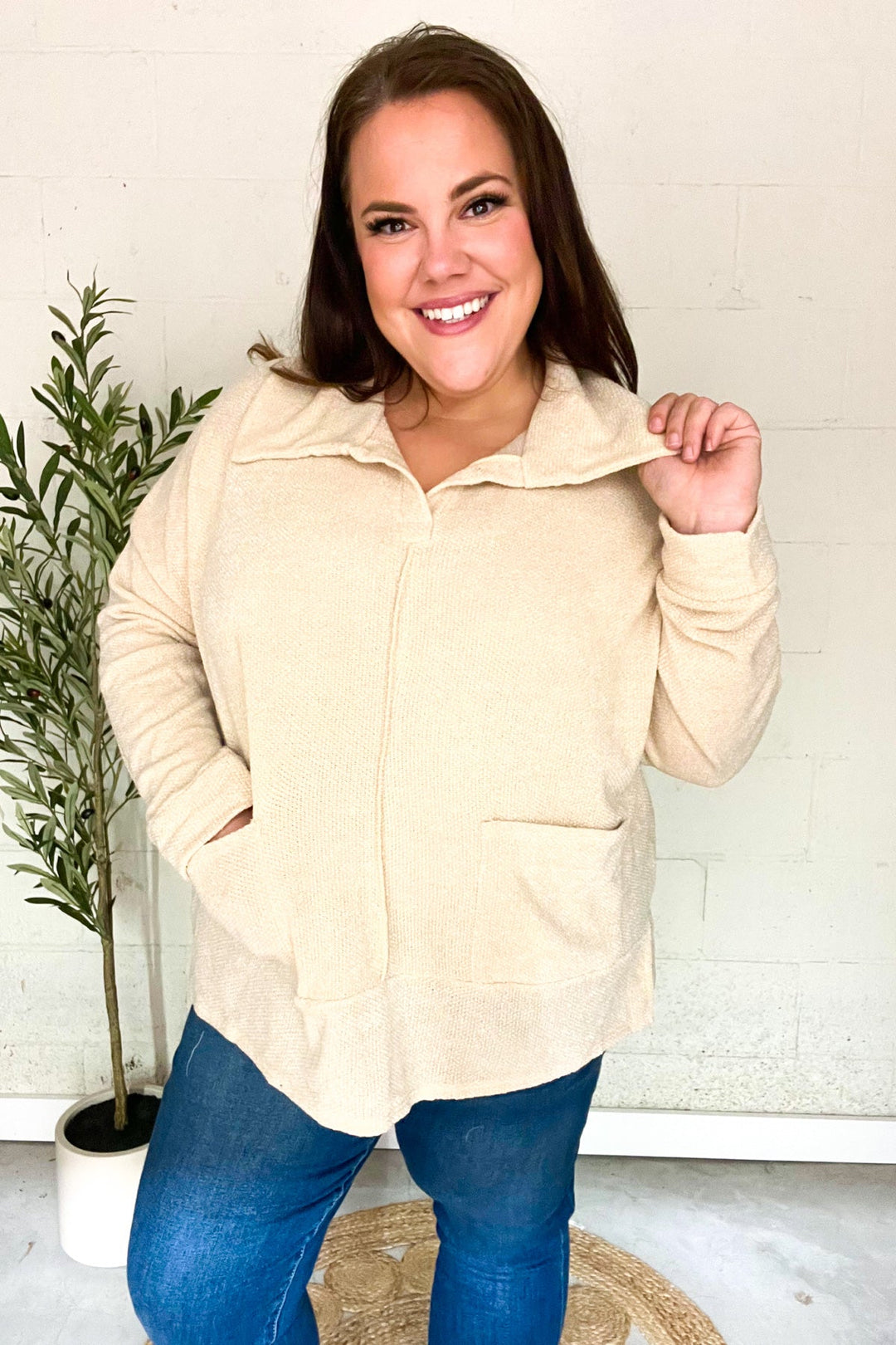 Mind Over Matter - Textured Knit Oversized Top - Oatmeal