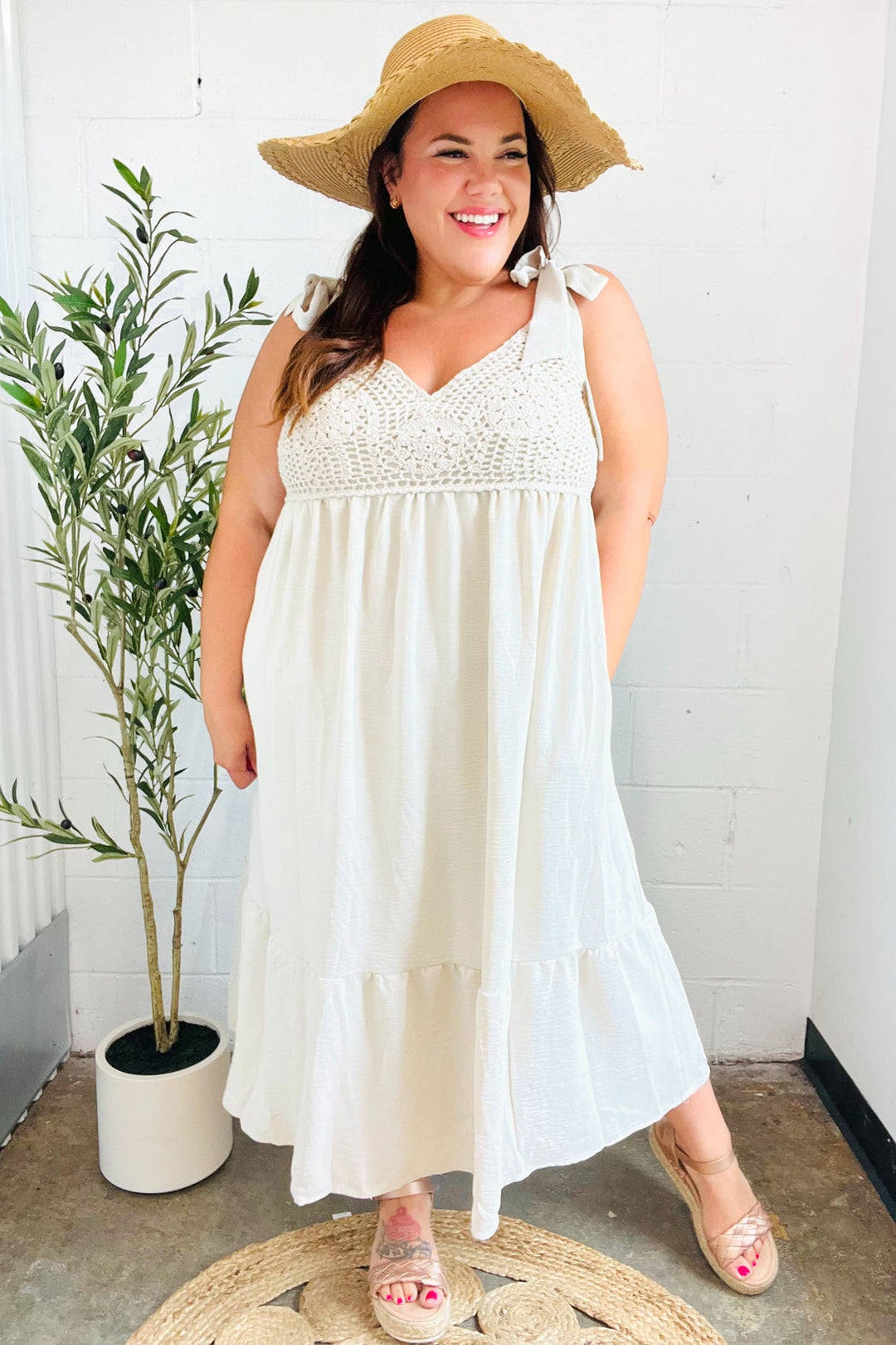 Crochet Lace Babydoll Dress - Oatmeal